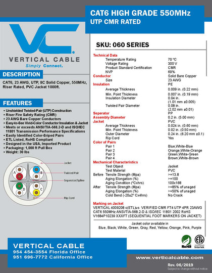 Vertical Cable 1000ft Solid Cat6 Cable - 23AWG 550MHz CMR