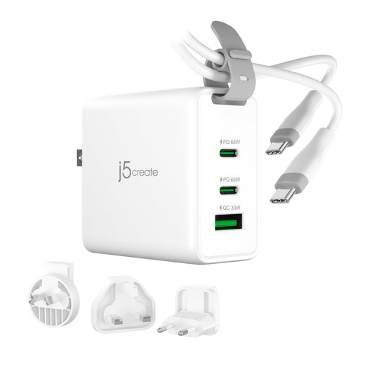 j5create 65W GaN USB-C® 3-Port Traveler Charger with changeable AC plugs and USB-C® Cable, JUP3565CV