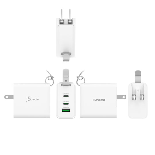 j5create 65W GaN USB-C® 3-Port Traveler Charger with changeable AC plugs and USB-C® Cable, JUP3565CV