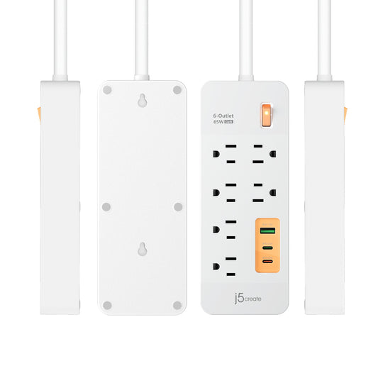 j5create 6-Outlet Surge Protector Power Strip with 3-USB™ 65W Charging Station, JUPAC6365