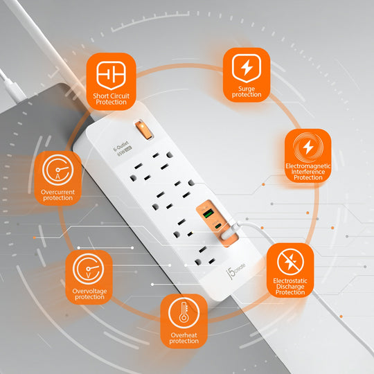 j5create 6-Outlet Surge Protector Power Strip with 3-USB™ 65W Charging Station, JUPAC6365