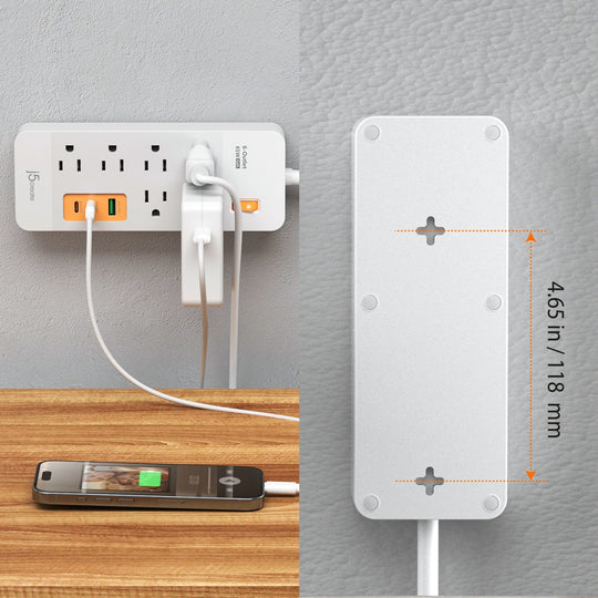 j5create 6-Outlet Surge Protector Power Strip with 3-USB™ 65W Charging Station, JUPAC6365